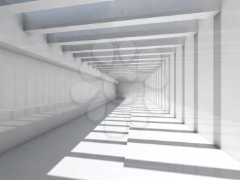 Abstract white interior. Hall with ceiling illumination and striped pattern of shadows and light beams, 3d render illustration