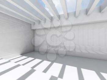 Abstract empty white interior with ceiling illumination and striped pattern of shadows and light beams, 3d render illustration
