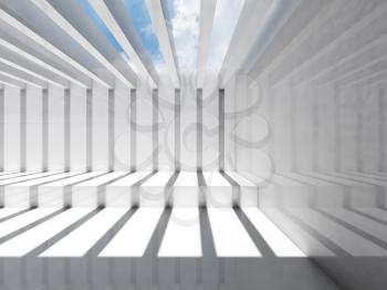 Abstract empty white interior. Room with ceiling illumination and striped pattern of shadows and light beams, 3d render illustration