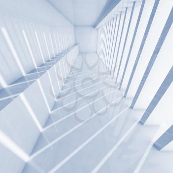 Abstract empty interior background. Corridor with pattern of shadows and light beams on the wall, blue toned 3d illustration