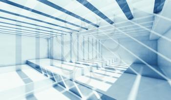 Abstract blue interior background, intersected pattern of light beams and shadows, illustration with double exposure effect, 3d render 
