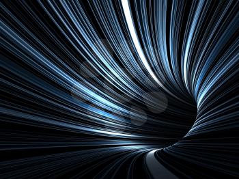 Abstract digital background, dark tunnel with pattern of glowing blue lines, 3d illustration