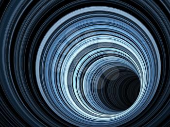 Abstract dark digital background, tunnel of glowing blue rings, 3d render illustration