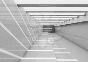 Abstract empty white interior. Corridor with ceiling illumination and striped pattern of light beams, Background 3d illustration