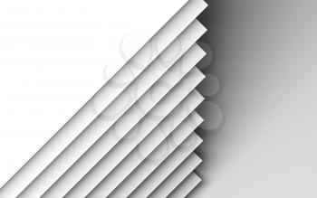Abstract white background, geometric pattern, pile of paper sheets. 3d render illustration