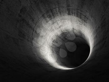 Round dark concrete tunnel. Abstract digital background, 3d render illustration