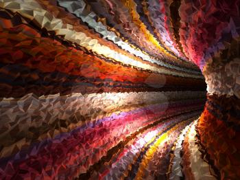 Abstract colorful digital background, empty dark triangulated tunnel, 3d render illustration