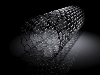 Carbon nanotubes molecular structure scheme, atoms of carbon connected in wrapped hexagonal lattice. 3d illustration on black background