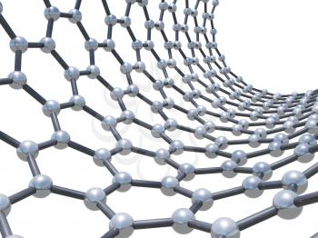 Zigzag carbon nanotube fragment. Molecular structure scheme. Atoms connected in wrapped hexagonal lattice isolated on white background. 3d illustration