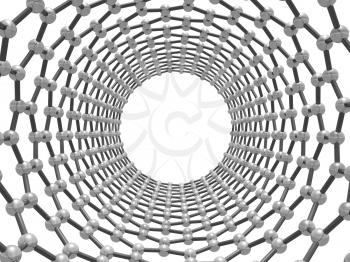 Zigzag carbon nanotube. Molecular structure. Atoms connected in wrapped hexagonal lattice. Front view with perspective isolated on white background. 3d illustration