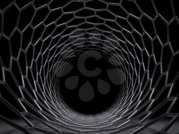 Abstract digital technology background, black tunnel of hexagonal mesh. 3d illustration