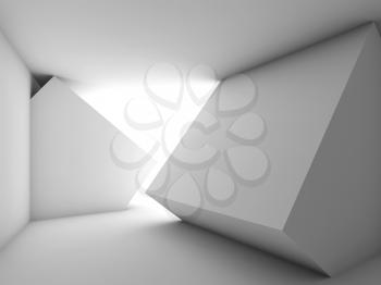Abstract white empty room interior with bright window and cube shaped installation, 3d render illustration