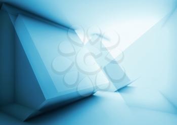 Abstract blue high-tech digital background with shining intersected low-polygonal cubes structures, 3d render illustration with double exposure effect