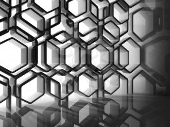 Abstract interior with shiny black honeycomb installation, 3d illustration
