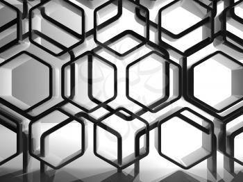 Abstract interior background, shiny black honeycomb mesh, 3d render illustration