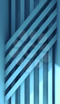 Abstract blue digital background, installation of striped beams, vertical 3d illustration