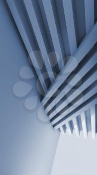 Abstract blue toned digital graphic background, installation of stripe beams on the wall, vertical 3d illustration