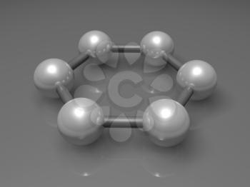 H-Graphene aromatic cluster, schematic molecular model. Hexagonal structure made of carbon atoms. 3d illustration