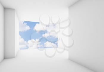 Abstract white interior background, empty room with clouds on blue sky in blank window. 3d illustration