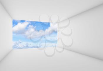Abstract white interior background, empty room with blue cloudy sky in blank window. 3d illustration
