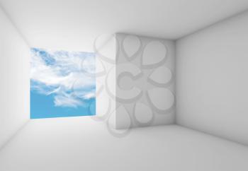 Abstract white interior background, empty room with cloudy sky in blank window. 3d illustration