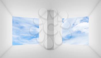 Abstract white interior background, empty room with cloudy sky in blank windows. 3d render illustration