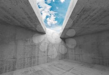 Empty room interior with concrete walls and blue sky in ceiling opening. Abstract modern minimal architecture background, 3d illustration