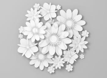 White paper flowers decoration on light gray backdrop, bridal greeting card, ornamental background. Digital 3d render illustration
