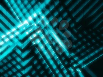 Abstract blue high-tech background, geometric pattern with intersected glowing stripes. Computer graphic, 3d render illustration