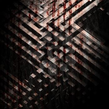 Abstract grungy dark square background, rusted metal wall with pattern of intersected stripes. 3d render illustration