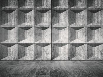 Abstract empty concrete room interior with decorative relief tiling on one wall, front view, 3d render illustration