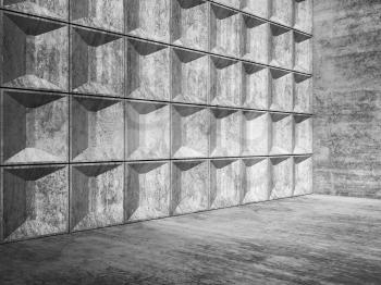 Abstract empty concrete room interior with decorative relief tiling on one wall, minimalism architecture style, 3d render illustration
