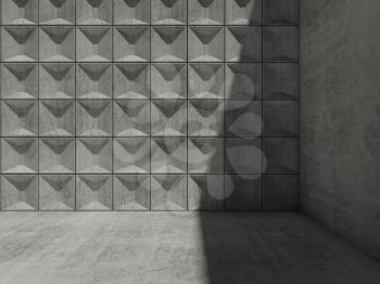 Abstract empty concrete room interior with shadow corner and relief tiling on wall, minimalism architecture, 3d render illustration