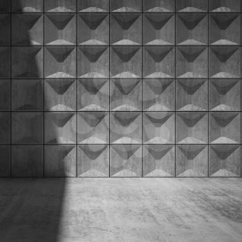 Abstract empty concrete room interior with shadows on wall, front view. Minimalism architectural style, 3d render illustration