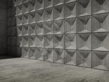 Abstract empty concrete room interior with relief tiling on wall, minimalism architecture, 3d render illustration