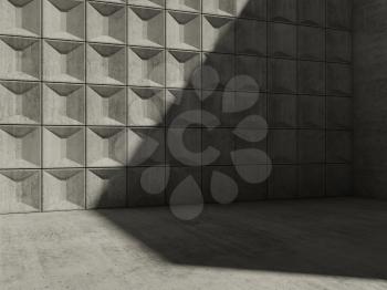 Abstract empty concrete room interior with shadow over relief tiling on wall, minimalism architecture, 3d render illustration