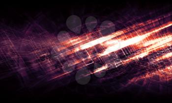 Abstract dark digital background, bright purple glowing chaotic structures, 3d illustration 