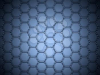Blue hexagonal lattice structure in spot light, top view. 3d illustration