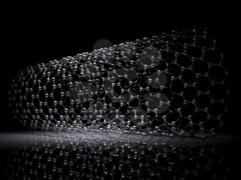 Single-walled zigzag carbon nanotubes molecular structure scheme, atoms of carbon in wrapped hexagonal lattice on black background, 3d illustration