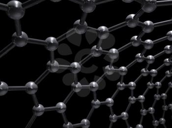 Single-walled zigzag carbon nanotubes molecular structure, carbon atoms connected in wrapped hexagonal lattice isolated on black background, 3d illustration