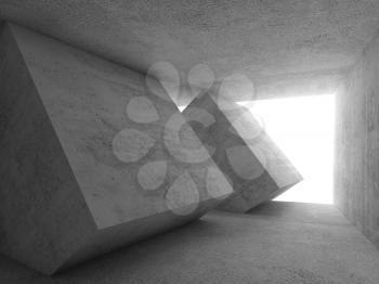 Abstract concrete room interior with empty window and cube shaped installation, 3d render illustration