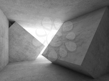Abstract concrete interior with white window and cube shaped installation, 3d illustration
