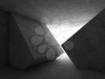 Abstract concrete interior with white window and cube shaped installation, 3d render 