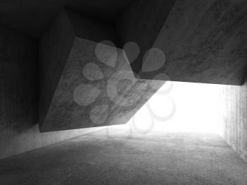 Abstract concrete room interior with white window and cube shaped installation, 3d render