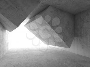 Abstract concrete room interior with white window and cube shaped installation, 3d illustration