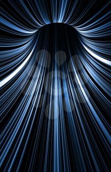 Abstract vertical digital background, dark turning tunnel with pattern of glowing blue lines over black, 3d render illustration