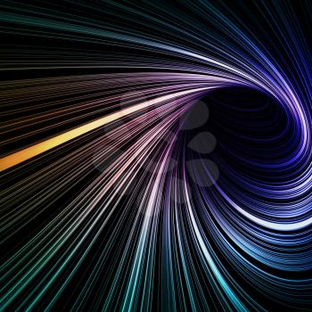 Abstract dark digital background with colorful spiral tunnel of glowing lines over black, 3d render illustration
