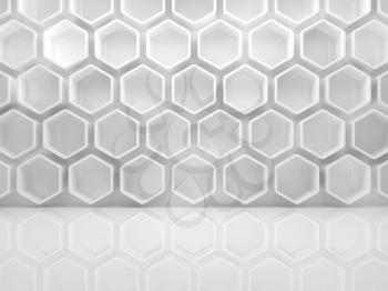 Abstract white interior with honeycomb relief pattern on the wall, front view. 3d render illustration