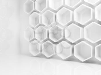Abstract white interior with honeycomb structures on the wall, 3d render illustration