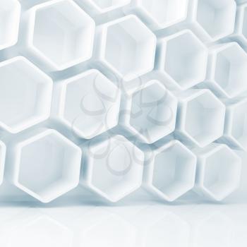 Abstract white interior with hexagonal structures on the wall, 3d render illustration
